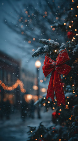 A close-up captures a decorated Christmas tree branch adorned with a vibrant red bow. The scene is set outdoors amidst falling snow with blurred lights in the distance suggesting a festive atmosphere. The image utilizes soft lighting, creating a warm, inviting feel, and may be suitable for holiday-themed commercial projects.の素材