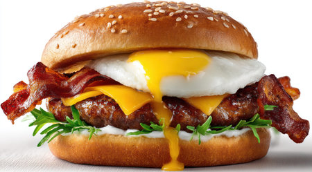 A close-up showcases a gourmet burger featuring a runny egg, crispy bacon, and melted cheese between two sesame seed buns. The vibrant colors of the ingredients are accentuated against a clean white backdrop. This image may be suitable for food-related advertising, editorial content, and culinary projects.の素材