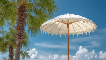 An open parasol with a decorative, cream-colored canopy stands against a vibrant blue sky with fluffy white clouds. Palm trees frame the composition, suggesting an outdoor setting with ample sunlight. This image could be suitable for a variety of editorial or commercial applications, including travel and lifestyle content.の素材