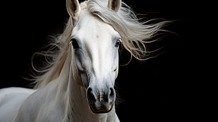 A close-up captures a white horse with flowing mane and expressive eyes. The animal is set against a dark backdrop, emphasizing its pristine color and form. The lighting creates a contrast of highlights and shadows, giving depth to the texture. Ideal for commercial and editorial projects.の素材