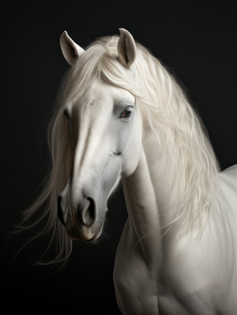 A majestic white horse is presented in a studio setting against a dark backdrop. The image emphasizes the horse's pristine white coat and flowing mane. This visual displays soft lighting, ideal for commercial projects needing images with an elegant and strong aesthetic. This imagery is suitable for various editorial and promotional purposes.の素材