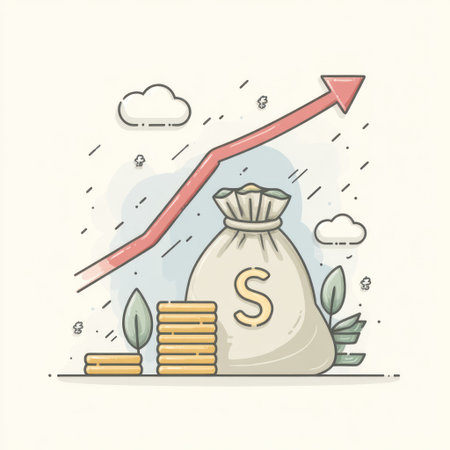An illustrated composition features a money bag with a dollar sign and a rising arrow graph, conveying financial growth. The design incorporates soft colors and simple shapes, including coins and clouds. This graphical element can be used for presentations and visual communications about business or finances.の素材