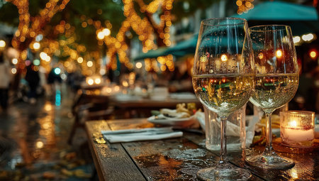 Two wine glasses stand on a wooden table, reflecting the warm light of surrounding decorations. The image displays a blurry background of a restaurant environment with tables, a few people, and bokeh lights. This photo could be used for hospitality, dining, or lifestyle publications.の素材