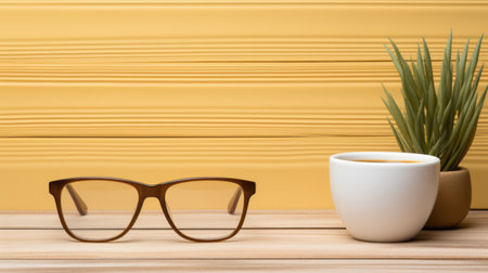 An overhead shot presents eyeglasses, a cup of coffee, and a potted plant set against a yellow wall. The eyeglasses are brown framed and in focus. The composition includes a white cup and a green plant, with a wooden table in the foreground. The image is suitable for various commercial uses.の素材