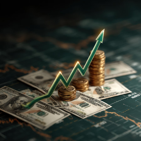 A close-up image showcases a vibrant green arrow indicating growth, superimposed on currency notes and stacks of coins. The composition features a shallow depth of field, emphasizing the central elements. The image displays a mix of textures and warm highlights against a dark backdrop, suggesting a financial context suitable for various commercial applications.の素材