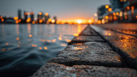 A close-up view of a stone wall leading into a body of water, featuring a blurred background with city lights and the setting sun. The scene has a warm color palette with soft textures and reflections. Suitable for various projects needing a backdrop of urban and natural elements. The composition creates a sense of depth and tranquility.の素材