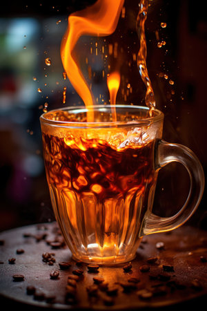 A close-up view presents a clear glass coffee mug filled with a dark liquid. A visual effect resembles a flame is rising above the beverage. The image is rich with warm tones and a focus on the interplay of light and shadow, suggesting a studio setting, perfect for various commercial applications.の素材