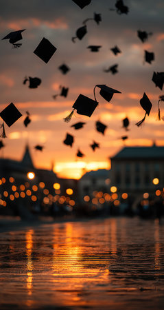 Graduation caps are tossed into the air during a celebration at sunset. The image displays a warm color palette dominated by orange and yellow hues, with silhouettes of buildings and reflections in the foreground. This visual is suitable for depicting academic success and celebratory events, possibly for commercial or editorial uses.の素材