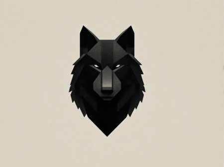 A stylized illustration presents a wolf's head in a low-poly geometric design. The artwork features a dark, almost black color palette with sharp lines. The subject is centrally placed against a plain, light background creating a strong contrast. This digital graphic is suitable for various commercial uses, including design and branding.の素材