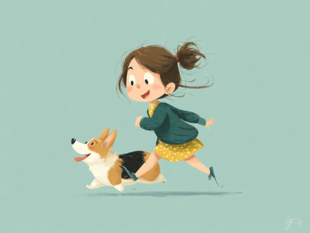 An illustration depicts a young girl running alongside a dog. The artwork features a soft color palette, showcasing the figures against a solid background. The style is animated, with a focus on simplicity. Suitable for various applications, including children's books or educational materials, and general visual projects.の素材