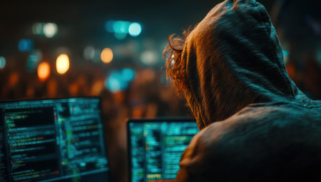 A person in a hooded jacket is seen from the back, interacting with multiple computer screens. The scene is illuminated by screens and ambient lights, suggesting a digital environment. The image uses a shallow depth of field, with soft focus on the background. Suitable for conceptual illustrations related to technology or data.の素材