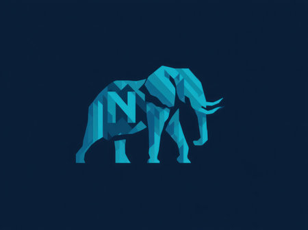 An illustration depicts an elephant rendered in a geometric, polygonal style. The animal is presented in shades of blue against a dark blue background. The artwork features a clean, modern design, potentially suitable for digital media, branding, or marketing materials and adaptable for various creative projects.の素材