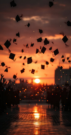 Graduation caps are tossed into the air during a sunset. The silhouettes are contrasted against the colorful sky. The composition emphasizes the golden sun. Suitable for concepts of achievement, success, and education. Images can be used in commercial projects like advertising.の素材
