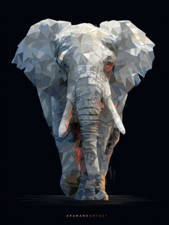 This image showcases a low poly style representation of an elephant against a dark background. The artwork features a geometric pattern with shades of white and gray, creating a textured appearance. This digital illustration could be utilized for various creative projects such as print, web design, or editorial content.の素材