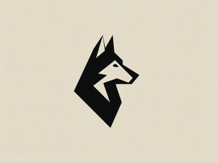 A striking black wolf head logo in a minimalist geometric style is presented against a neutral background. The artwork features sharp angles and clean lines. This design could be suitable for various branding applications, including business, animal, or outdoor-related ventures and potentially for both commercial and editorial purposes.の素材