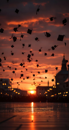 Graduation caps are tossed into the air, silhouetted against a dramatic sunset. The image features warm colors, with a mix of orange and red hues dominating the sky. The composition includes architectural elements in the distance. Suitable for education themes, event promotion, or symbolic representation.の素材
