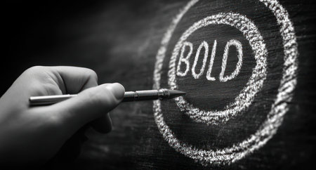 A hand holding a pen indicates a circular target with the word BOLD inside, set against a dark backdrop. The monochrome image highlights the contrast between the text and the hand. This composition is suitable for illustrating concepts of direction, focus, and strategic planning in presentations or articles.の素材