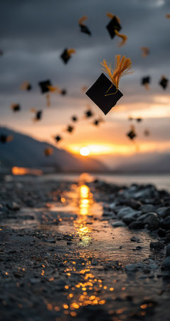 Black graduation caps are tossed in the air, silhouetted against a setting sun reflecting on a body of water. The photograph shows a shallow depth of field, with soft focus in the background and foreground, suggesting an outdoor environment. This image could be utilized for educational or celebratory purposes.の素材