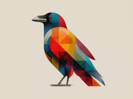 A vibrant illustration features a stylized crow composed of geometric shapes. The artwork showcases a palette of bold colors, including blue, red, yellow, and green, creating a dynamic visual effect. It has a clean, graphic style, suitable for various design applications. It could be used for decorative elements or in creative projects.の素材
