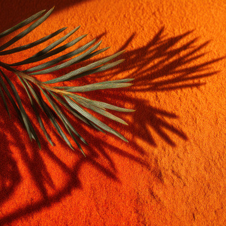 An overhead close-up showcases a green leaf casting a detailed shadow on a vibrant orange surface. The texture appears soft and slightly rough. The composition highlights the play of light and shadow, and could be utilized for various design projects.の素材
