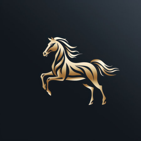 A stylized golden horse is depicted in a leaping pose against a dark background. The image showcases a sophisticated design, employing a sleek silhouette and gradient shading. The artwork features a modern aesthetic, with potential applications for logos, branding, or editorial layouts. The composition offers ample copy space.の素材