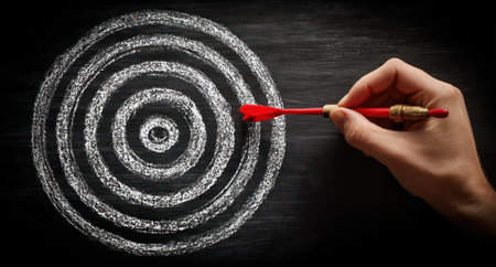 A hand holds a dart poised to strike a chalk-drawn target. The composition shows a close-up against a black backdrop, with circular lines defining the target. The lighting suggests an indoor setting, with the focus on precision. This image could be suitable for business, strategy, or achievement concepts.の素材