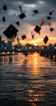 Black graduation caps are tossed into the air over water, reflecting the orange and yellow hues of a sunset. The composition includes silhouettes of buildings and lights, suggesting an outdoor setting at dusk. This image could be used for education, achievement, or celebration themes.の素材