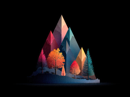 An illustration depicts a collection of geometric mountains with vibrantly colored trees. The composition utilizes triangles to create the mountains and foliage against a dark background. This image style could be used for various projects, including website design, digital art, or print materials.の素材