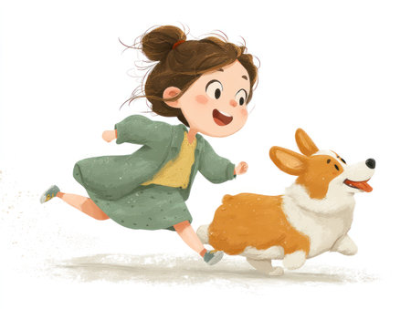 An illustration depicts a young girl running alongside a dog. The artwork uses bright colors and a soft texture to create a cheerful scene. The composition is simple, set against a plain background. This image is suitable for educational materials, children's books, or designs related to friendship and pets.の素材