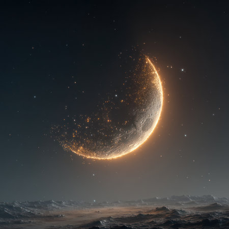 An illuminated crescent moon dominates the scene, positioned above a textured, rocky landscape. The artwork features a celestial composition with a gradient of dark blues and grays, accentuated by a glowing, golden edge. The style suggests digital art with detailed textures. Suitable for illustrating fantasy or scientific themes.の素材
