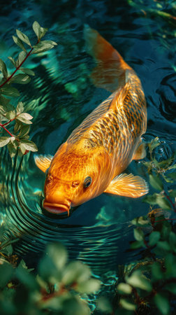 A vibrant golden koi fish gracefully swims in clear turquoise water. The image showcases detailed scales and fins, with ripples creating texture. Lush green foliage frames the scene, illuminated by natural light. Suitable for commercial projects or editorial use related to nature and aquatic life.の素材