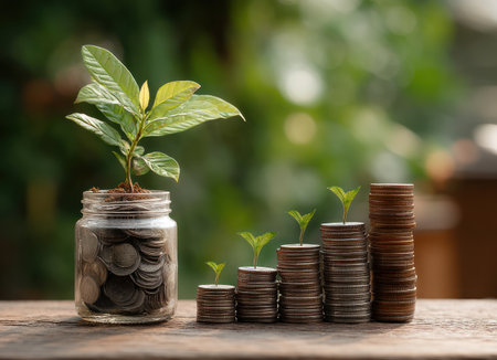 An image shows a plant growing from coins inside a jar, accompanied by stacks of coins increasing in height. The scene features natural lighting and a blurred green background. It evokes concepts of growth, finance, and investment, suitable for illustrating business, economic, or environmental themes. Ideal for commercial and editorial purposes.の素材