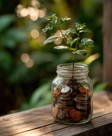 A small plant sprouts from a jar filled with coins, suggesting financial growth and investment. The image showcases natural green foliage against a blurred backdrop of other plants. The composition uses a shallow depth of field, with soft lighting and earth tones. This scene is suitable for use in business and financial publications.の素材