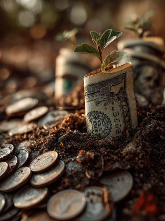 A close-up view presents a green plant sprouting from a rolled-up dollar bill. Surrounding the bill are coins and soil. The image displays a shallow depth of field, with soft, natural lighting. This composition could be used to illustrate concepts related to finances, growth, or investment strategies.の素材