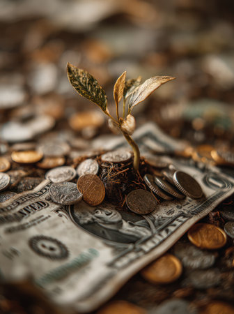 A close-up image showcases a young plant sprouting from a pile of coins resting on a dollar bill. The composition features a natural aesthetic with a soft, warm color palette. The shallow depth of field draws attention to the central subject, implying growth and financial themes. This image can be useful for illustrating concepts such as investment or economic progress.の素材