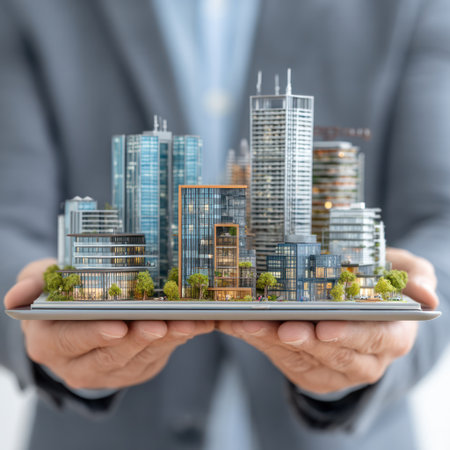 A person's hands delicately hold a detailed miniature cityscape, showcasing numerous modern skyscrapers and buildings. The composition features a shallow depth of field, emphasizing the model against a blurred background of a business suit. This scene evokes themes of urban planning, architectural design, and property investment. Suitable for commercial projects.の素材