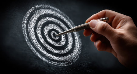 A hand holds a dart, aiming towards a chalk-drawn target on a dark background. The image features a circular target design with concentric rings. The composition uses selective focus, creating a shallow depth of field. This image is suitable for various commercial uses, including illustrations of strategy or goal setting.の素材