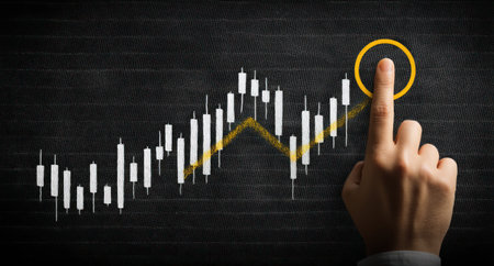 A hand indicates a rising stock graph, rendered in a minimalist style on a dark backdrop. The visual includes yellow and white elements against a black texture. This graphic could be useful for illustrating financial reports, investment strategies, or business presentations, suitable for various editorial and commercial applications.の素材