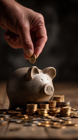 A hand places a coin into a ceramic piggy bank, symbolizing financial investment. The scene features a stack of coins and a rustic wooden surface. The lighting is soft, creating shadows that emphasize texture. This image is suitable for illustrating concepts of finance, saving, and investment in various commercial projects.の素材