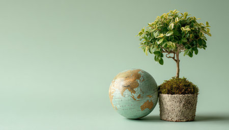 A miniature tree flourishes beside a globe, both set against a soft green background. The composition uses natural light highlighting the textures of the objects. The image evokes themes of sustainability and global awareness. Suitable for environmental, educational, or commercial projects emphasizing nature and conservation.の素材