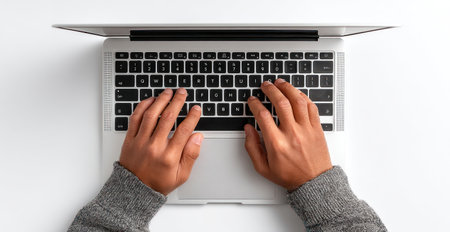 Overhead perspective displays hands typing on a laptop computer against a plain white backdrop. The image features a modern, minimalist aesthetic with neutral tones. This composition could be employed in various commercial and editorial applications to represent technology or communication.の素材