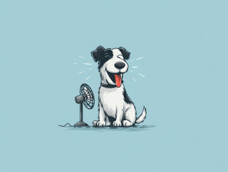 An animated illustration depicts a cheerful dog seated near a small electric fan. The dog, rendered in black and white, displays an open mouth and lolling tongue, suggesting enjoyment. The composition features clean lines and a simple style, with a light blue backdrop. This image may be suitable for advertising or editorial content related to pets and summer themes.の素材