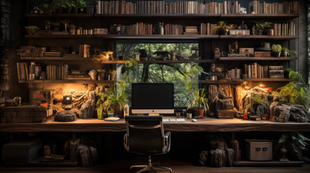 A home office is presented with a desk, computer, and chair. The background shows extensive bookshelves filled with books and various decorative objects. Plants are placed around the room. The composition utilizes natural lighting, which creates a warm and inviting atmosphere suitable for a variety of editorial or commercial purposes.の素材