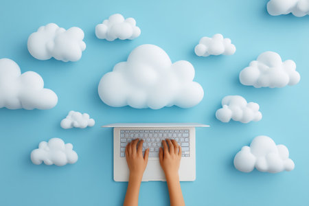 An overhead shot features hands typing on a laptop, set against a vibrant blue backdrop decorated with fluffy white cloud shapes. The composition uses a flat lay style, emphasizing a clean, graphic aesthetic. The image evokes a sense of technology and communication, suitable for various digital and design applications.の素材