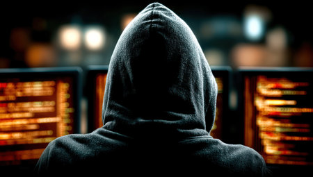 A hooded figure is viewed from behind, focused on several computer monitors. The monitors display rows of data in a warm color palette. The image exhibits a dim, indoor setting with blurred background elements. It is suitable for commercial uses highlighting technology or digital themes.の素材