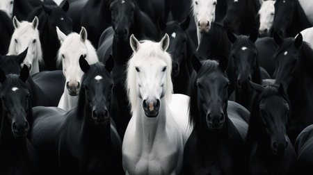 A striking composition presents a herd of horses, featuring a stark contrast between black and white coats. The image showcases the animals' heads and upper bodies, displaying a dynamic arrangement. The scene is bathed in natural light, evoking a sense of raw beauty suitable for various editorial and commercial projects.の素材