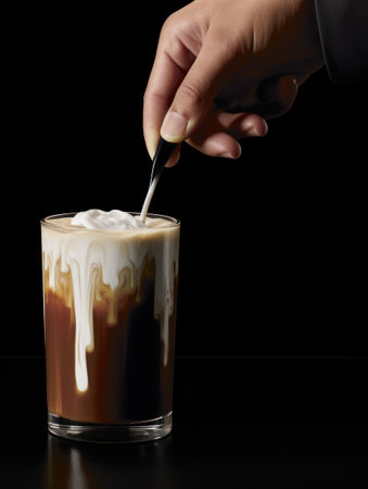 A close-up captures a hand stirring cream into an iced coffee drink. The glass displays cascading cream over dark liquid, set against a stark black background. The composition uses high contrast and emphasizes the textures of the drink. This image is suitable for various commercial uses, including beverage advertising.の素材