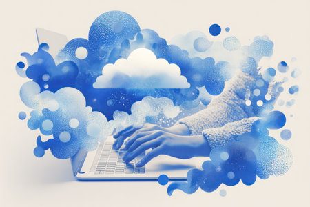 An illustration depicts hands interacting with a laptop, encompassed by stylized cloud formations. The composition features a blue and white color palette, suggesting a digital and ethereal aesthetic. This graphic may be used in projects related to technology, computing, or business, suitable for editorial and commercial applications.の素材