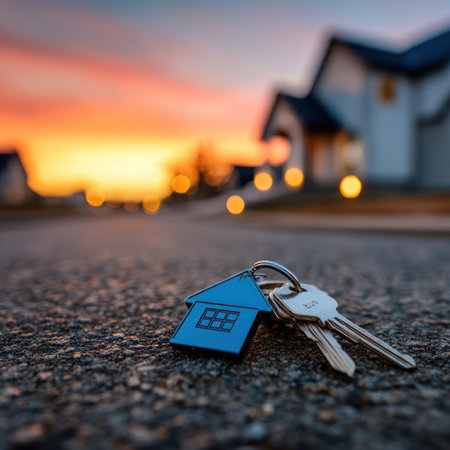 A close-up captures house keys featuring a blue house-shaped tag resting on asphalt. The scene includes a blurred background of a residential street, with houses and soft sunset colors. Suitable for real estate, home ownership, property investment, or other related visual content. It has commercial and editorial potential.の素材