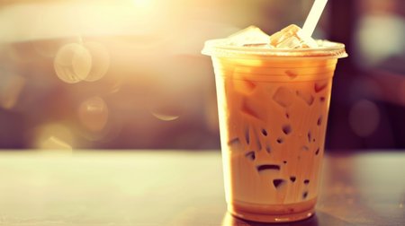 An iced coffee drink is shown in a transparent plastic cup, filled with ice cubes and a straw. The beverage has a light brown color. The composition features a blurred background, with highlights suggestive of sunlight. It is suitable for use in food-related advertising, editorial content, or promotional materials.の素材